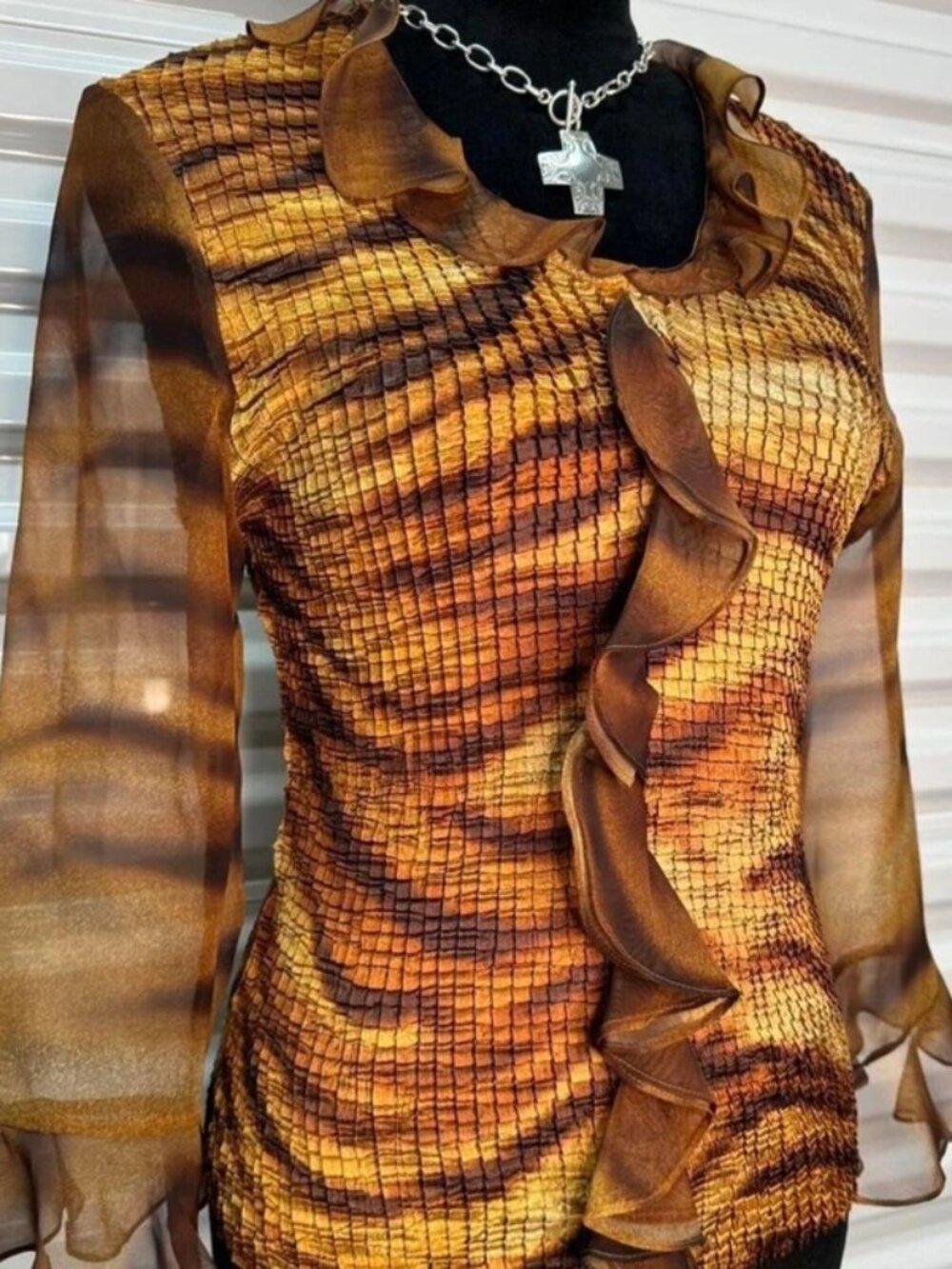 Vintage 90s tiger print ruffle blouse with sheer sleeves - Picture 2 of 5